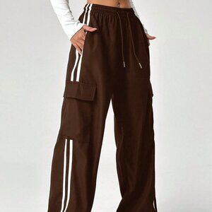 Brown Casual Women's Color Block Striped Drawstring Waist Cargo Long Pants